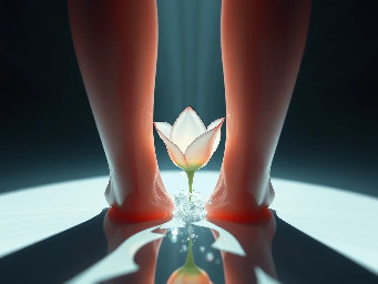 the feminine anatomy one could call life's gateway, pov 'twixt the legs looking inward towards it. it is unfurled as a flower, and one sees in through the morning dew.